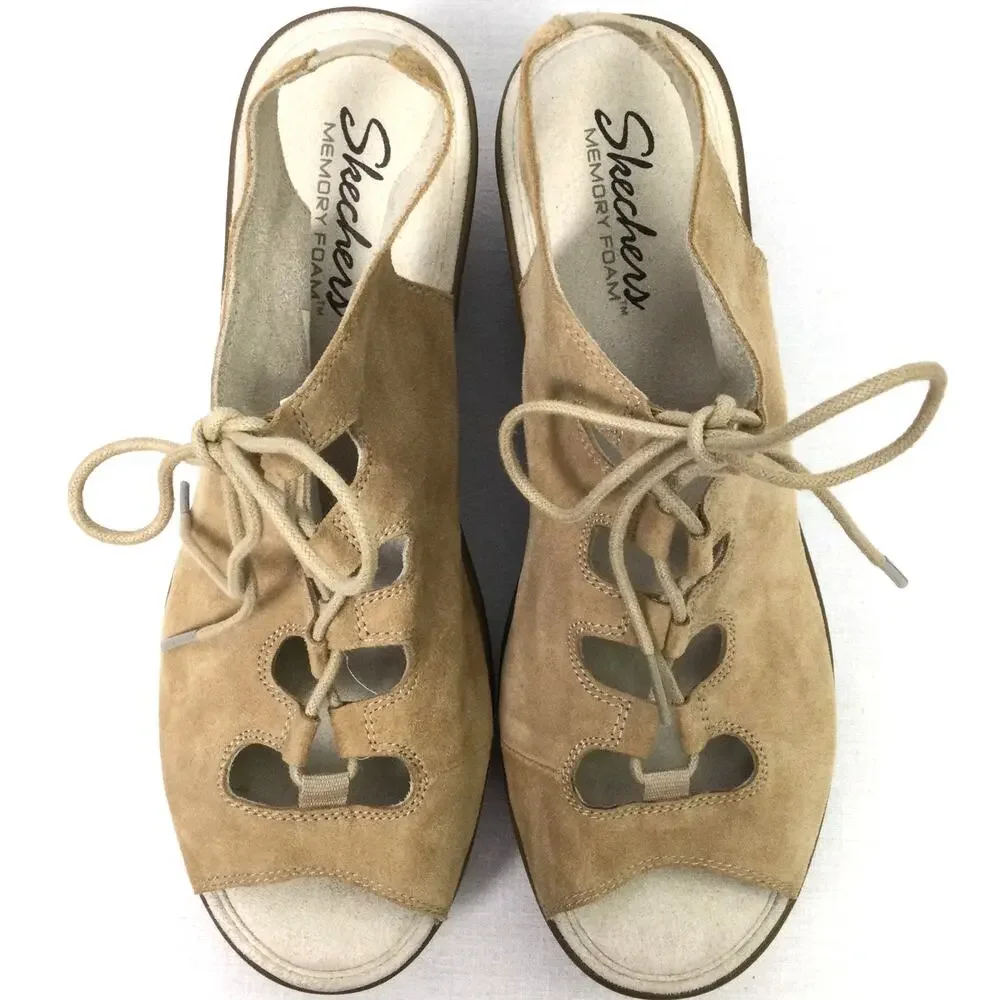 Skechers Boho Chic Minimalist Leather Lace Up Tan Slingback 2.5" Wedge Sandal 9 - Picture 11 of 11